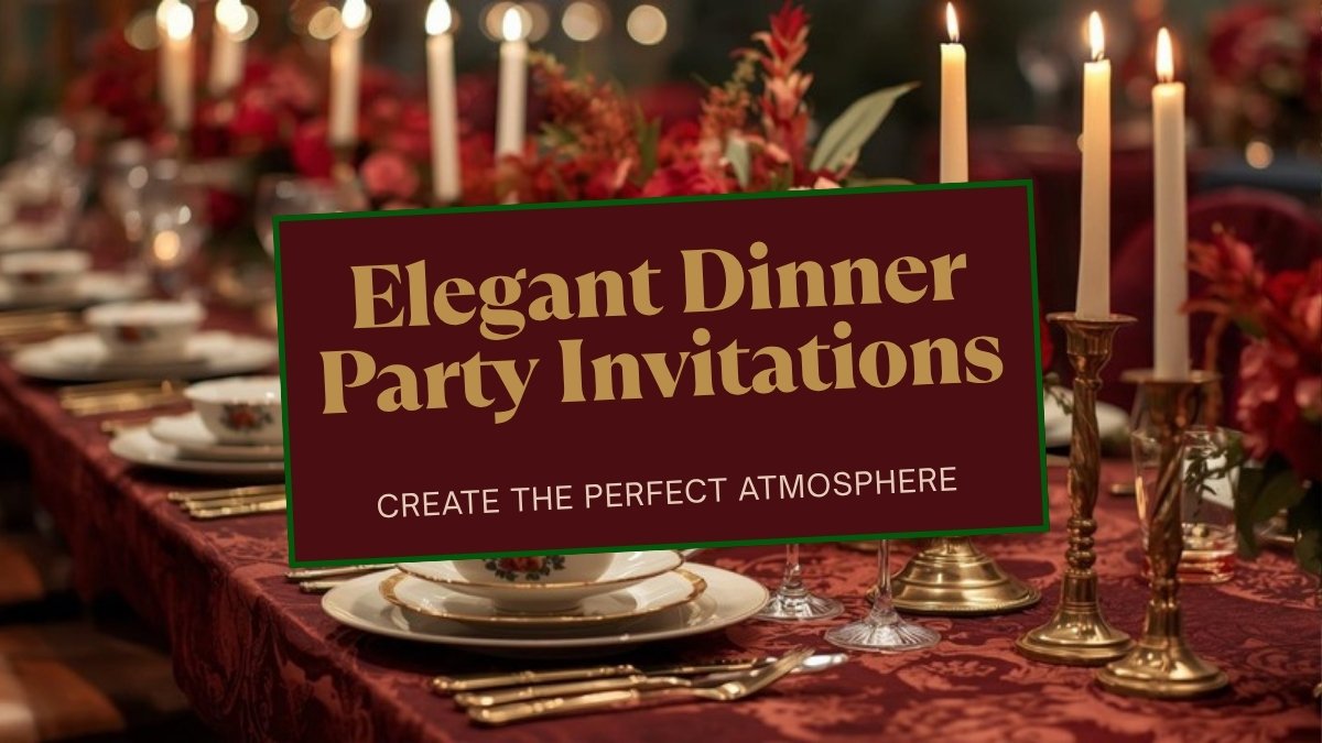 Elegant dinner party invitation with candle and table setting design in navy and gold