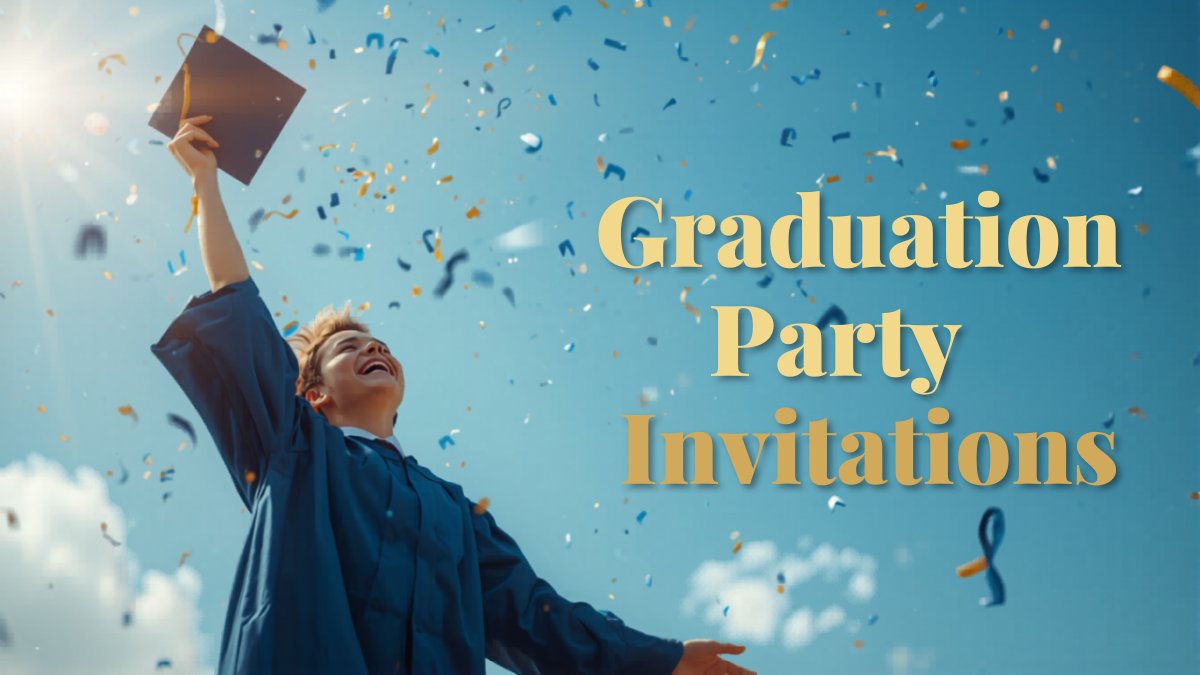 Smart graduation party invitation with mortarboard and diploma design in navy and gold