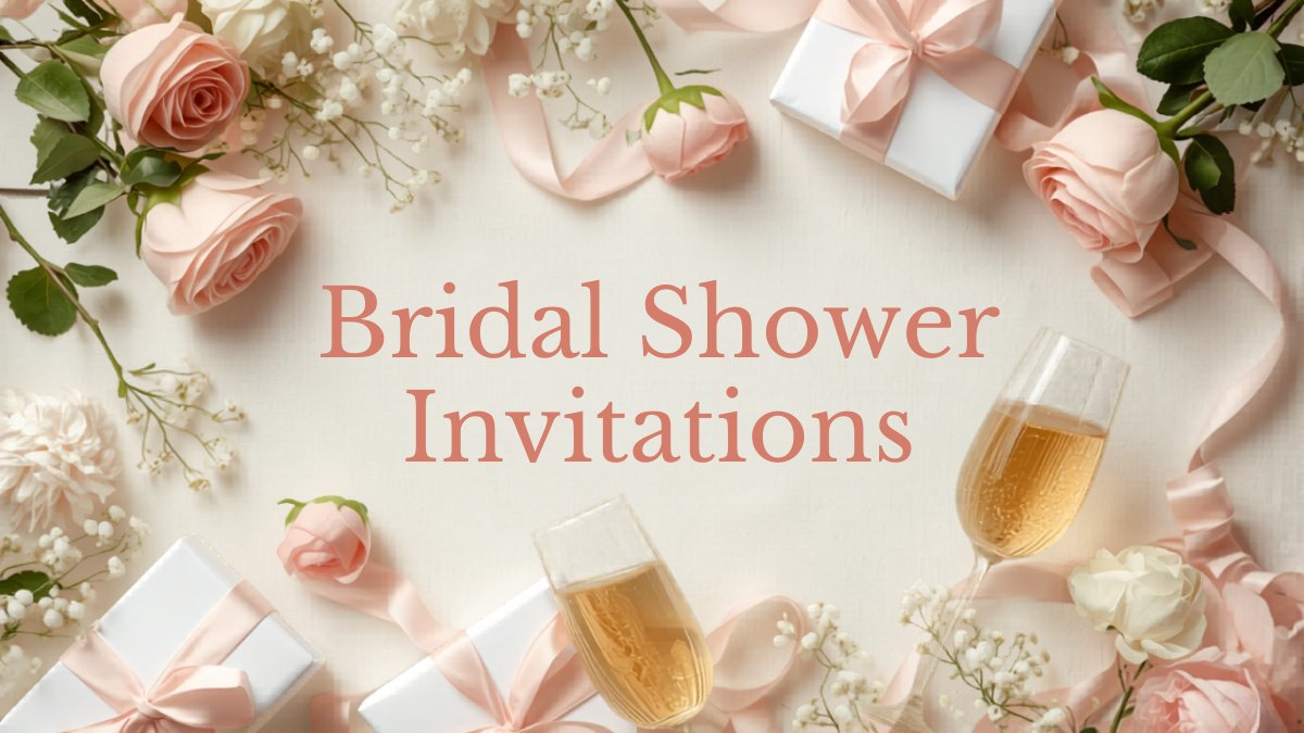 Elegant bridal shower invitation with floral wreath design in blush and cream