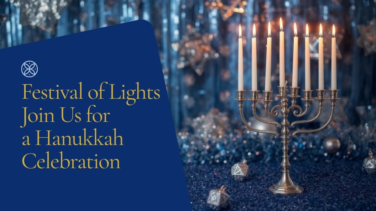 Warm Hanukkah party invitation with menorah, Star of David, and blue and gold design
