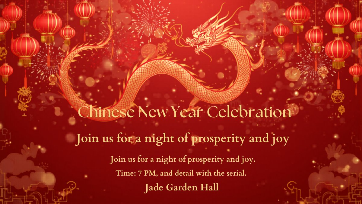 Auspicious Chinese New Year invitation with red lanterns, gold coins, and dragon design