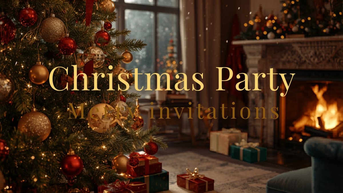 Festive Christmas party invitation with holly, gold accents, and elegant typography