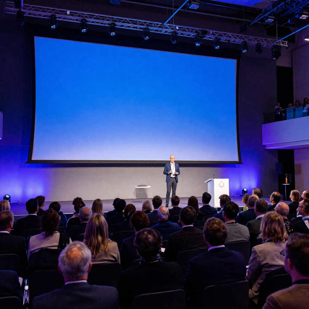 Professional conference invitation with speaker headshots and agenda preview on dark background