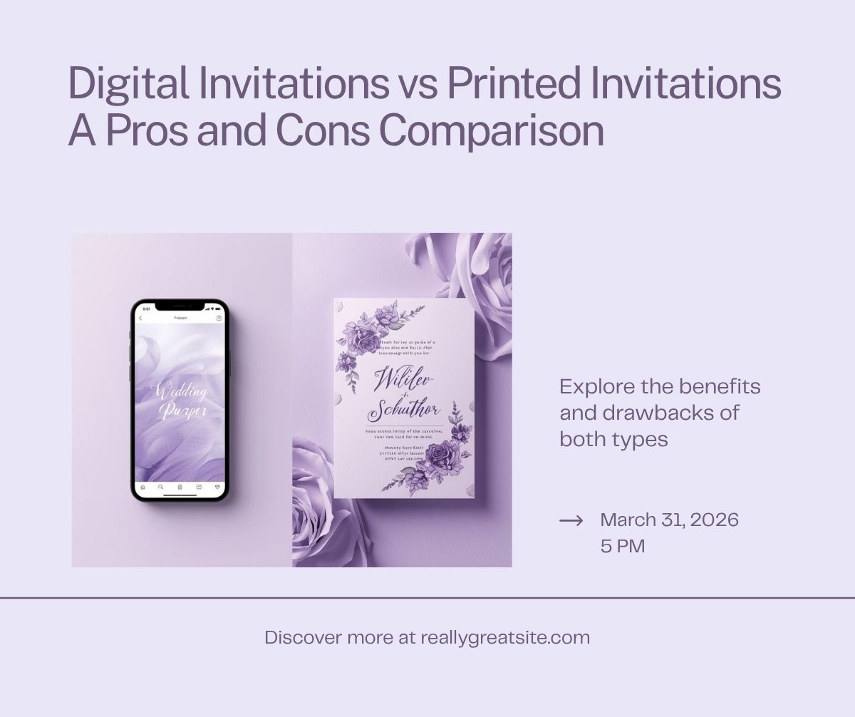 Side by side comparison of a printed wedding invitation and a digital invitation on a phone screen
