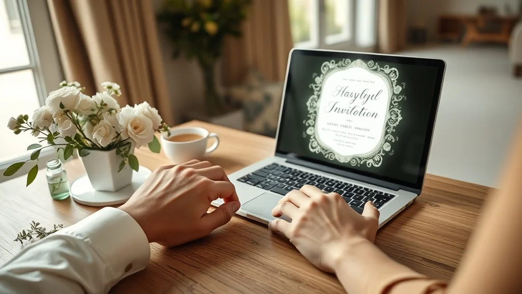 Paar erstellt digitale Hochzeitseinladungen am Laptop mit Blumen und Kaffee auf dem Tisch