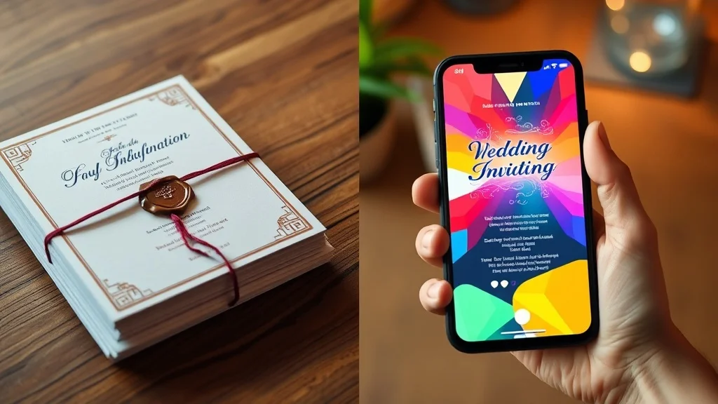 Vergleich digitale vs. gedruckte Einladungen: Papierkarte und Smartphone-Einladung nebeneinander