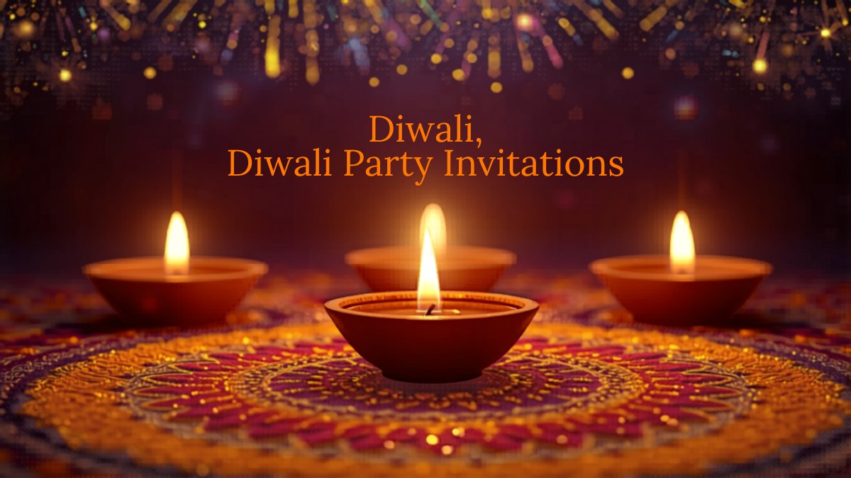 Diwali party invitation with glowing diyas, rangoli patterns, and gold typography