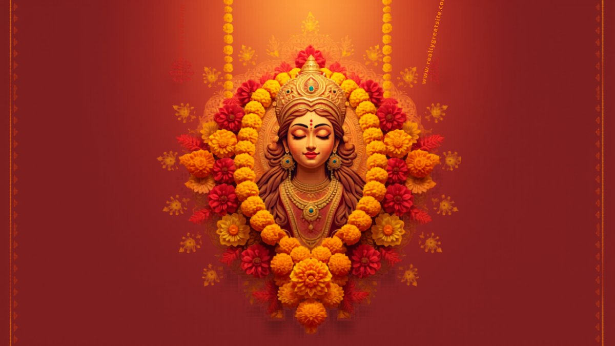 Elegant Durga Puja invitation with goddess imagery, marigold garlands, and traditional red and gold design