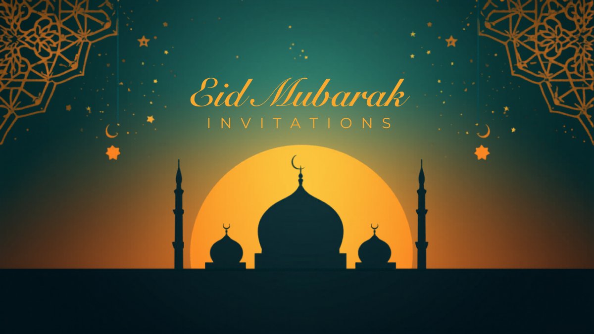 Elegant Eid invitation with crescent moon, lanterns, and gold Arabic calligraphy