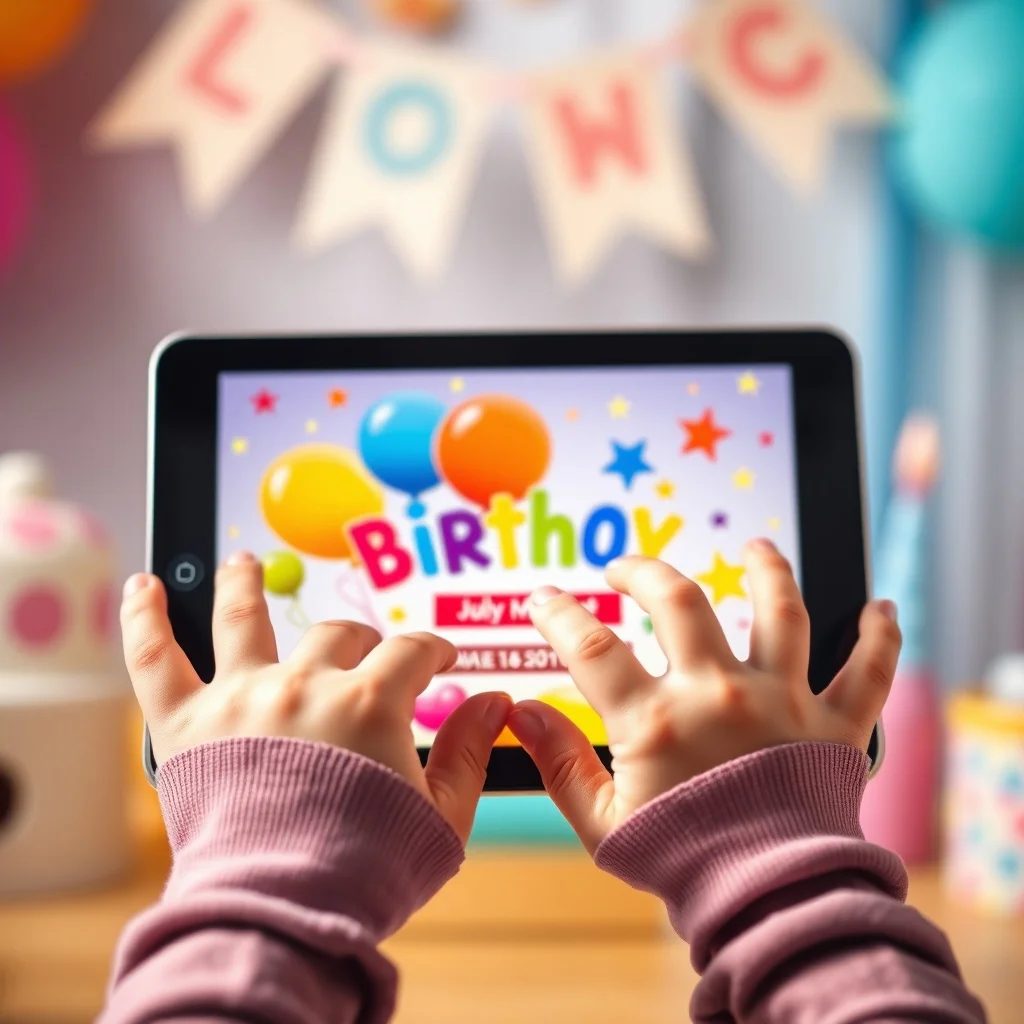 Bunte Einladungskarten Kindergeburtstag mit kreativen Einladungstext-Ideen auf einem Holztisch