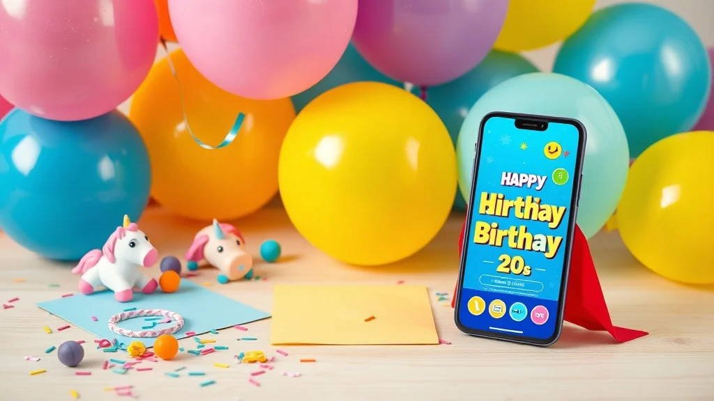 Bunte Materialien für Kindergeburtstag Einladungen auf einem Holztisch mit Luftballons und Konfetti