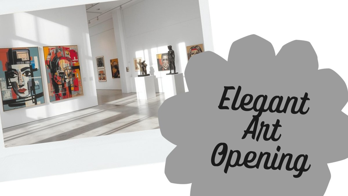 Minimalist gallery exhibition opening invitation with clean typography and art preview