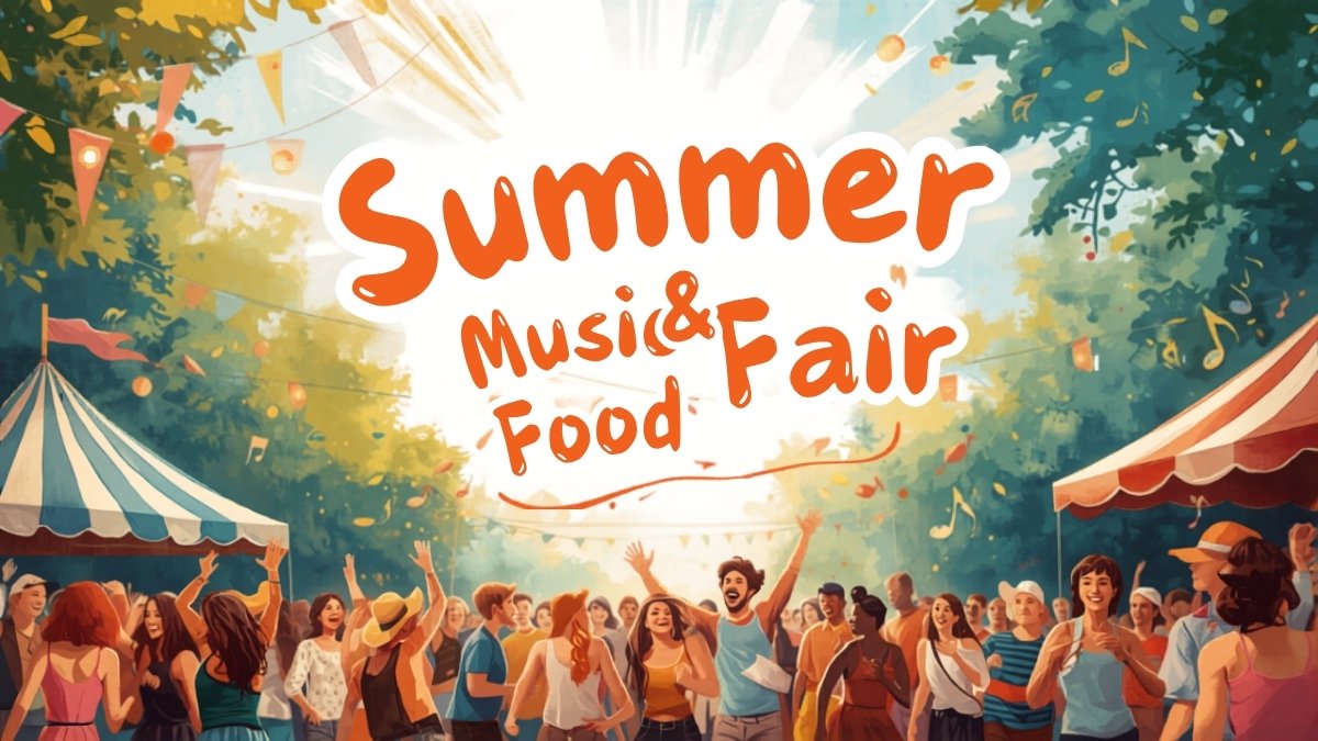 Colorful festival event invitation with illustrated stage, bunting, and crowd design