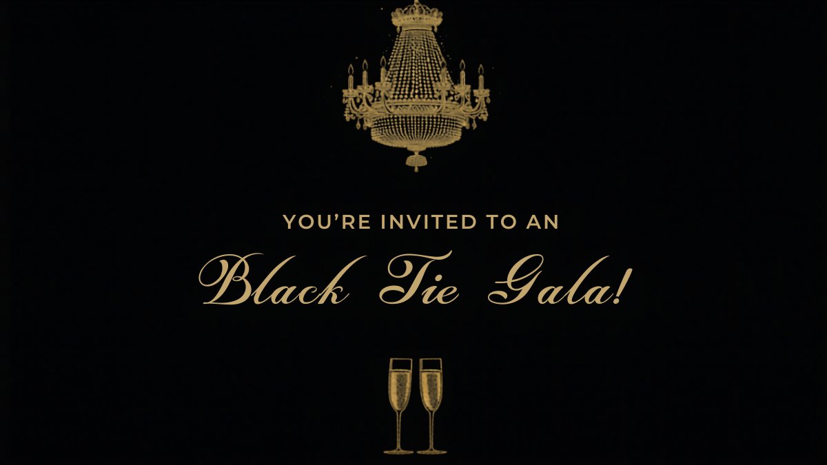 Luxurious gold and black gala dinner invitation with formal serif typography and embossed design