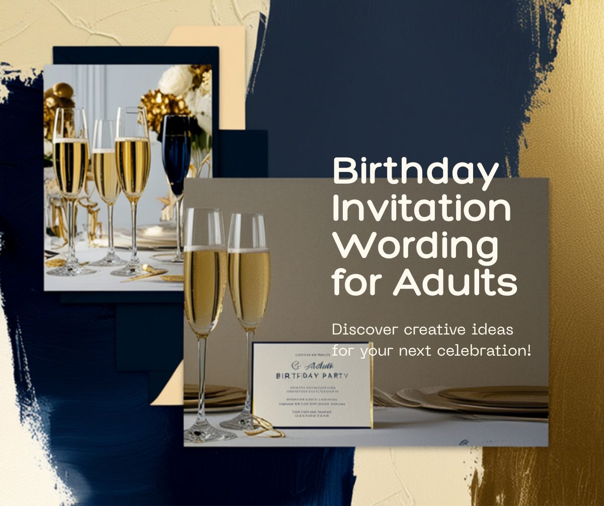 Elegant adult birthday party invitation with gold and navy blue design, champagne glasses, and stylish typography