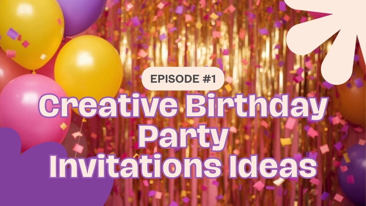 Colourful birthday party invitation with balloons, confetti, and festive typography