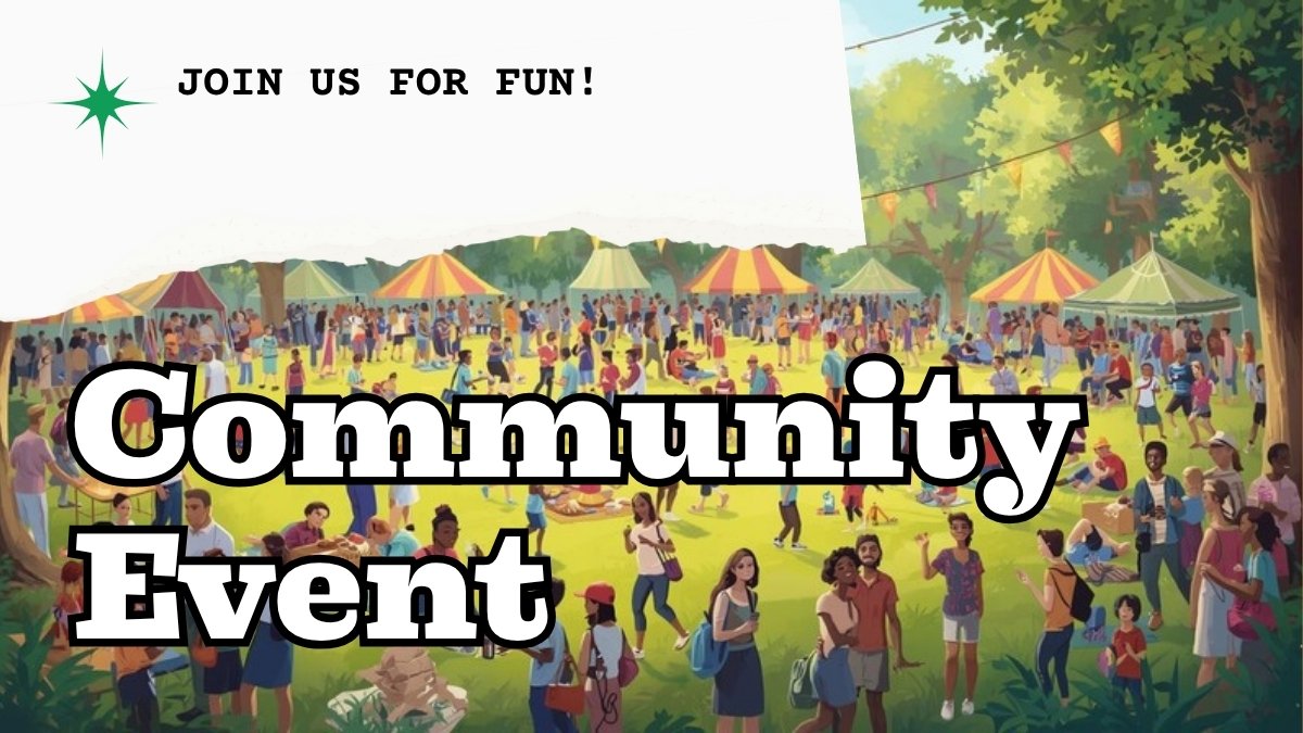 Colorful community event invitation with neighborhood skyline and festive design