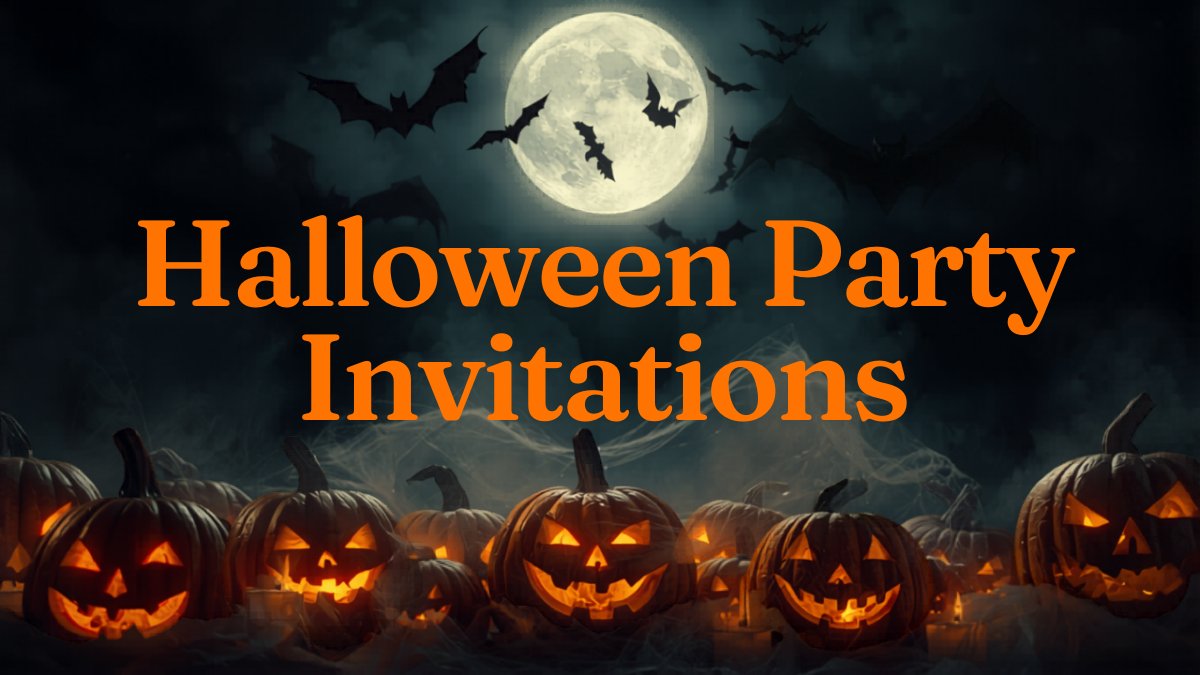 Spooky Halloween party invitation with pumpkins, bats, and gothic typography on dark background
