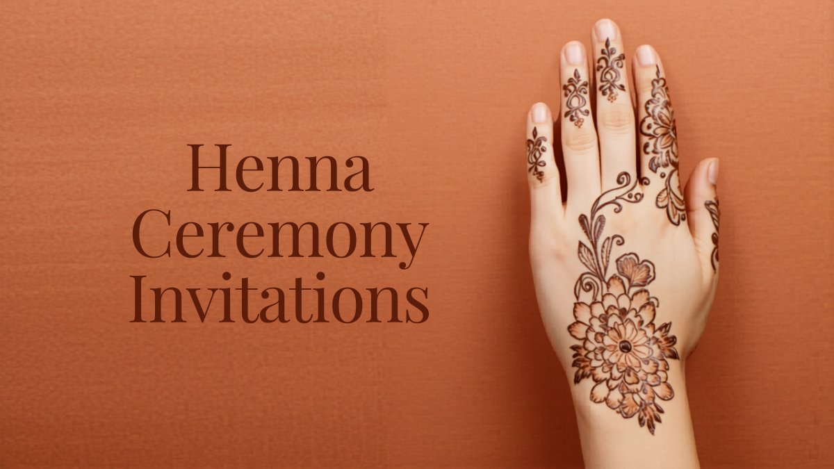 Elegant henna ceremony invitation with intricate henna hand design in terracotta and gold