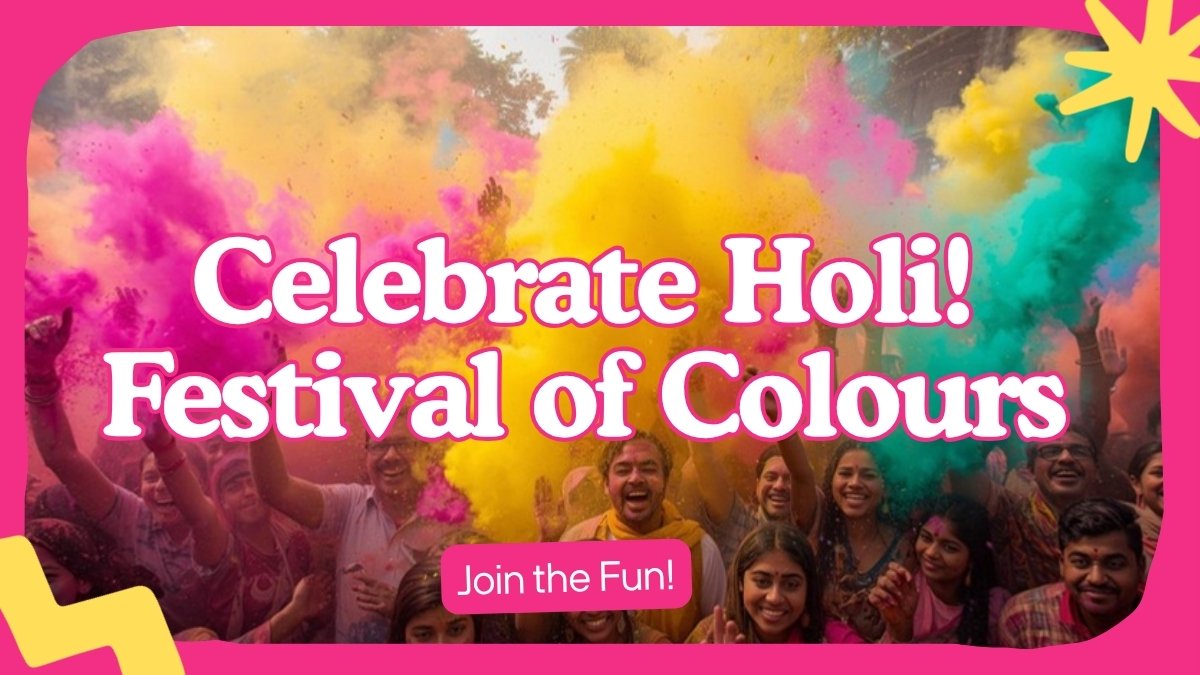 Bright and colorful Holi party invitation with powder clouds and festive typography