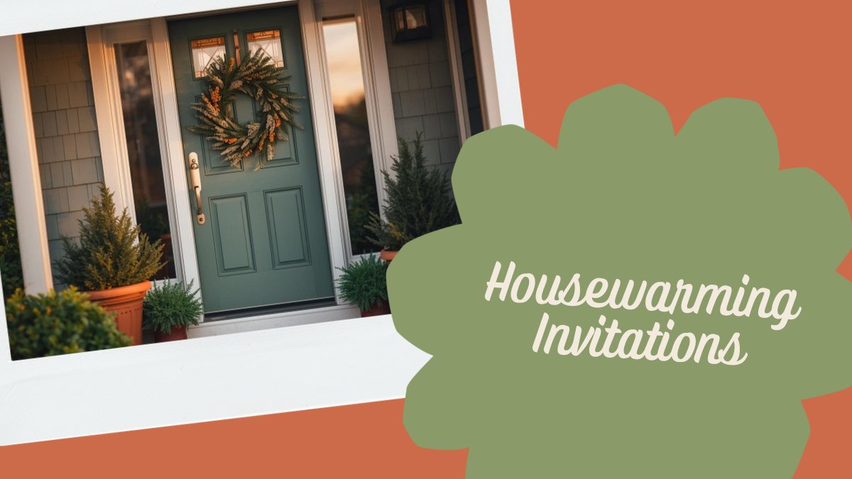 Housewarming party invitation with illustrated house and welcome wreath design