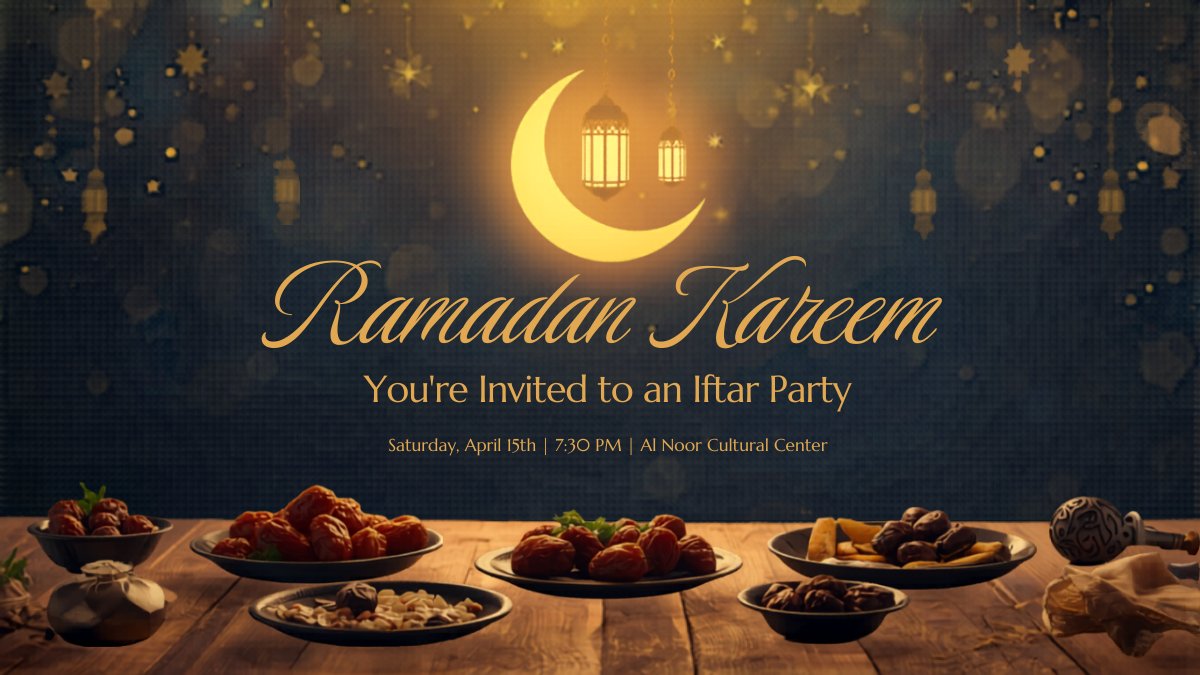 Elegant Iftar party invitation with lantern motif and crescent moon on deep blue background