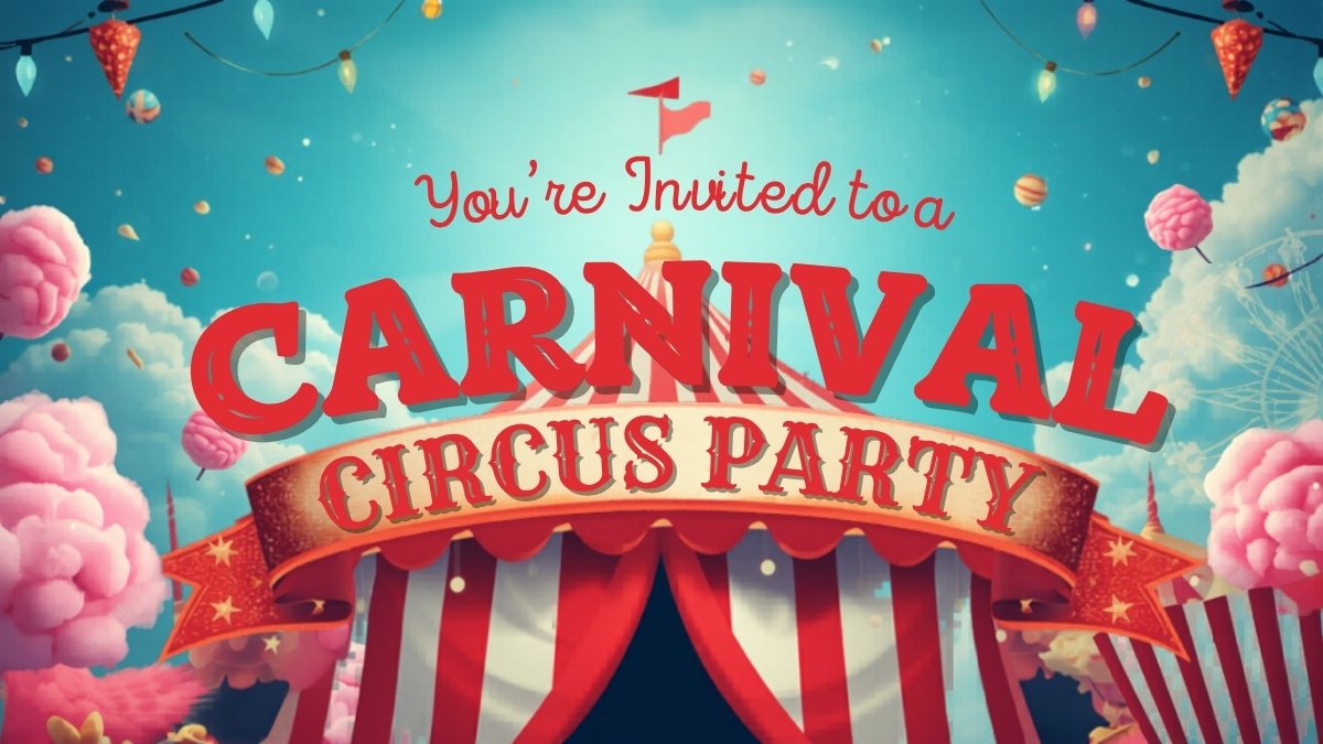 Vibrant carnival party invitation with big top tent, circus performers, and bold colorful typography