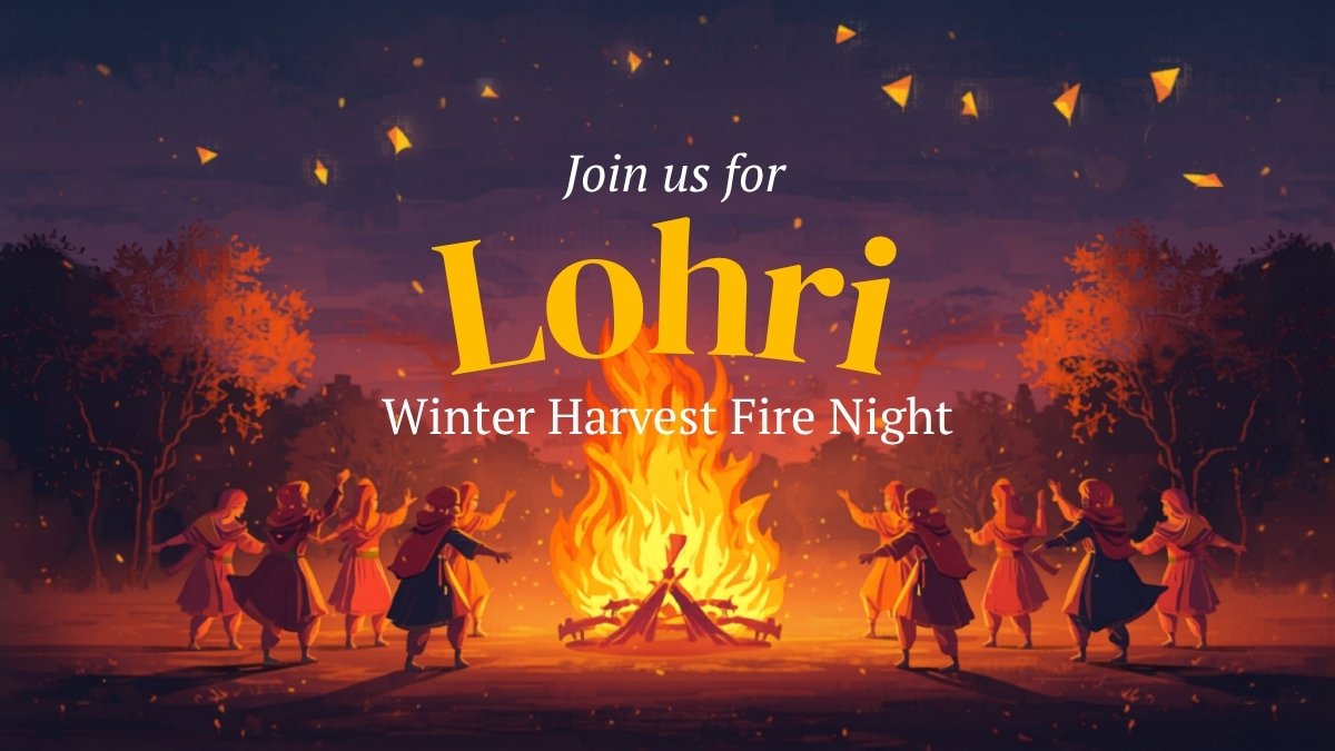 Warm Lohri invitation with bonfire, kite, and Punjabi folk motifs design