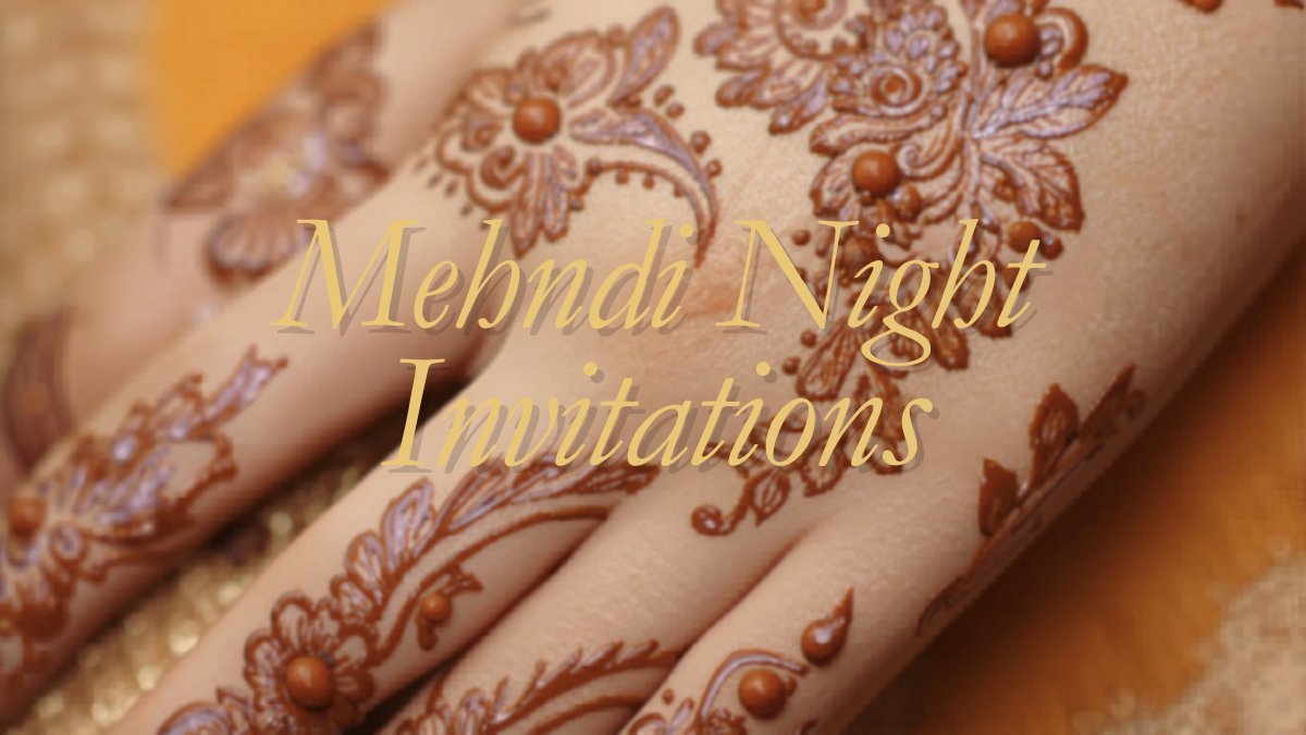 Colorful mehndi night invitation with floral henna pattern in orange and gold