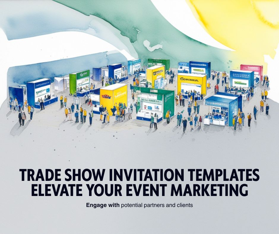 Professional trade show invitation with booth number and exhibition hall design