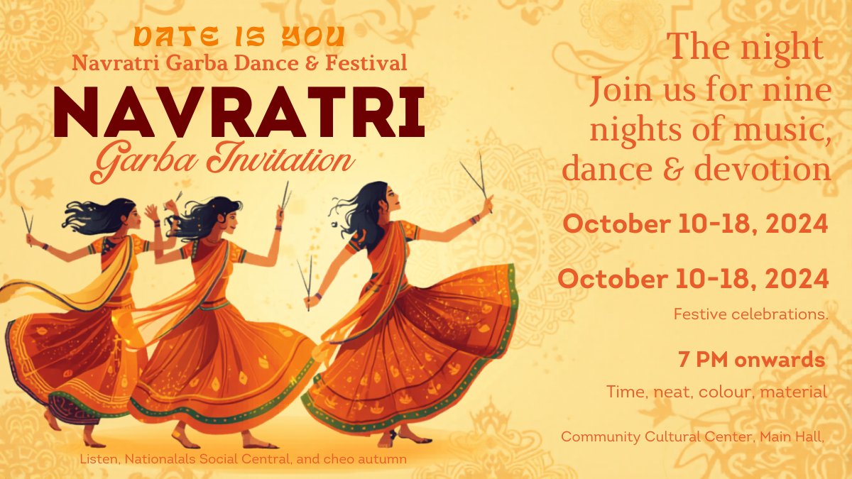 Colorful Navratri Garba invitation with dancers, dandiya sticks, and vibrant festive design