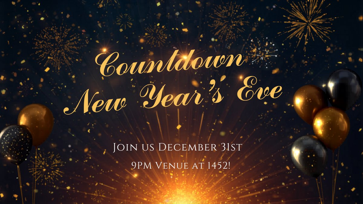 Glamorous New Year's Eve party invitation with gold confetti, fireworks, and midnight countdown