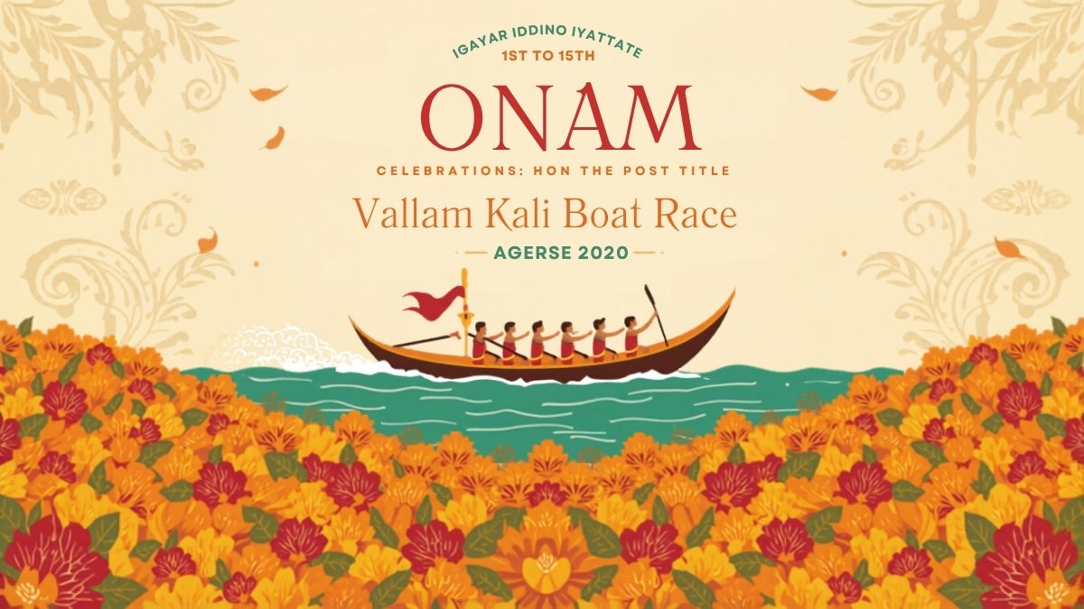 Colorful Onam invitation with floral Pookalam design, traditional boat race, and Kerala motifs