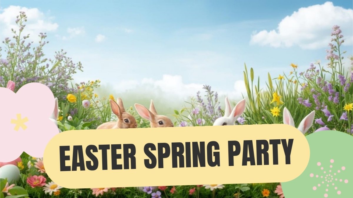 Bright Easter party invitation with decorated eggs, spring flowers, and pastel design