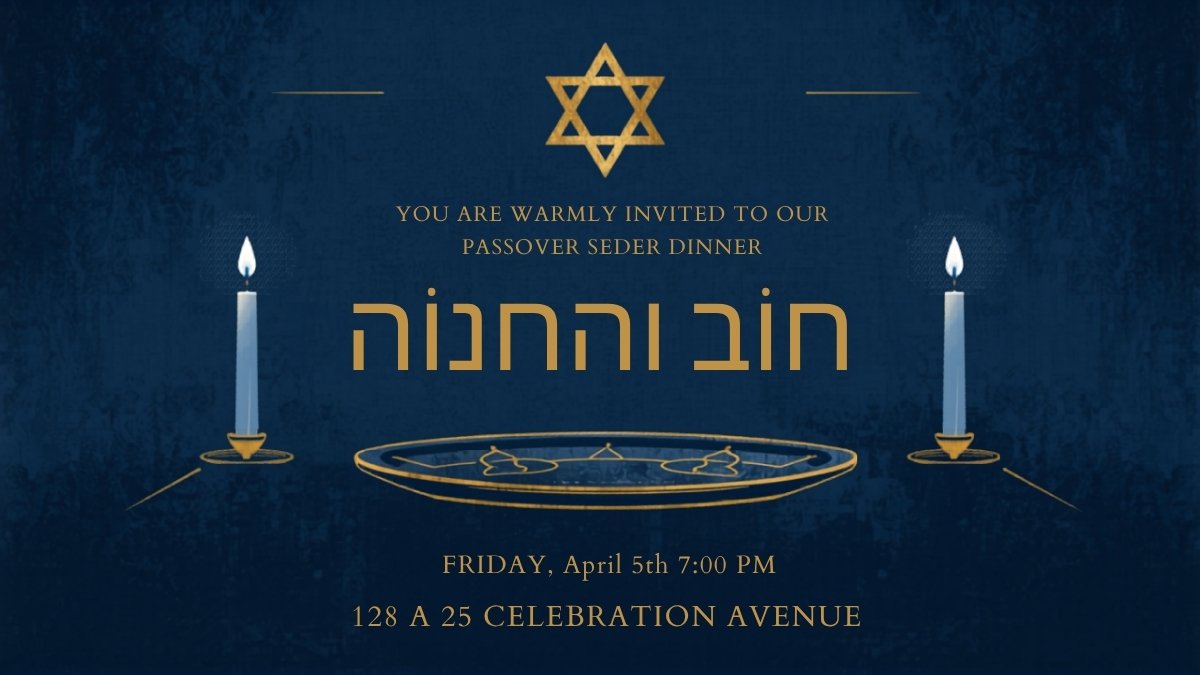 Elegant Passover Seder invitation with Seder plate, matzo, and traditional Jewish design elements