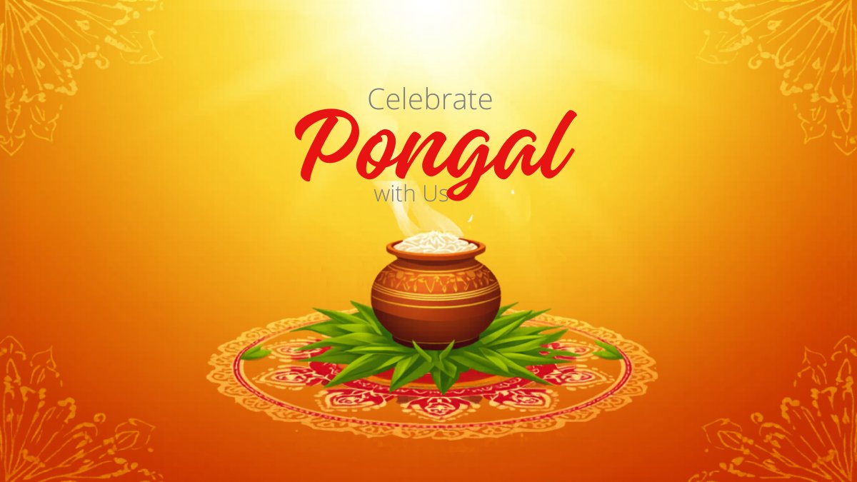 Colorful Pongal invitation with traditional clay pot boiling rice, kolam design, and sugarcane motifs