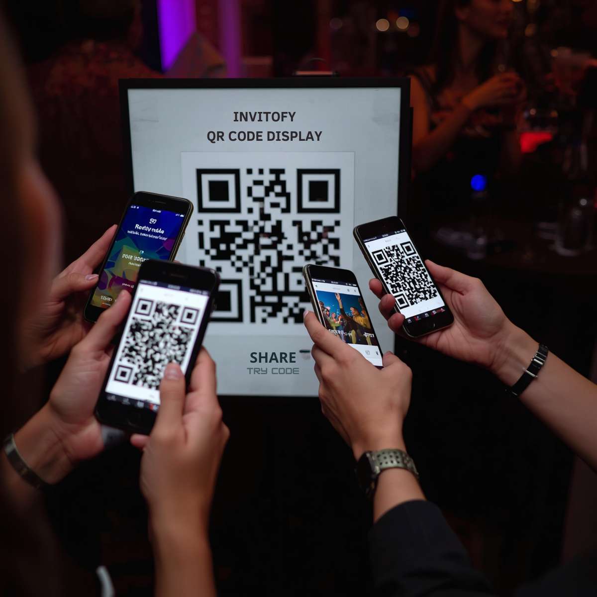 Guests using QR code to upload event photos to Feierpost shared gallery on mobile phones