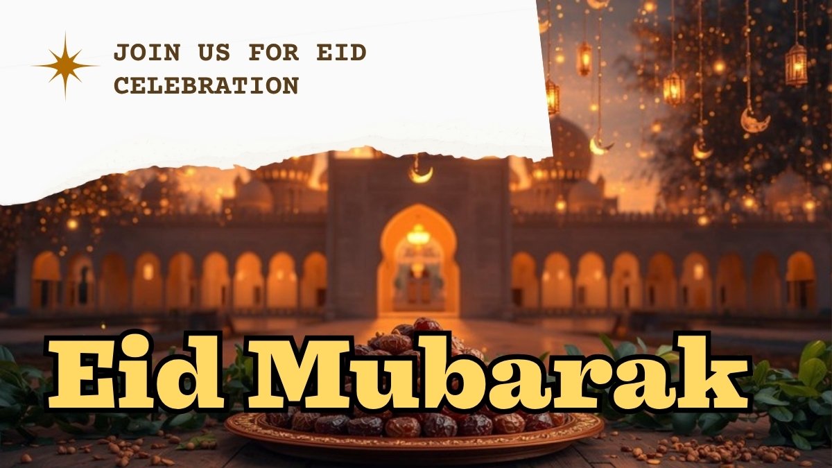 Warm Ramadan gathering invitation with crescent moon lanterns and Islamic geometric pattern design