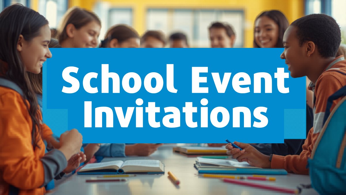School event invitation with pencils, books, and apple illustration on bright background