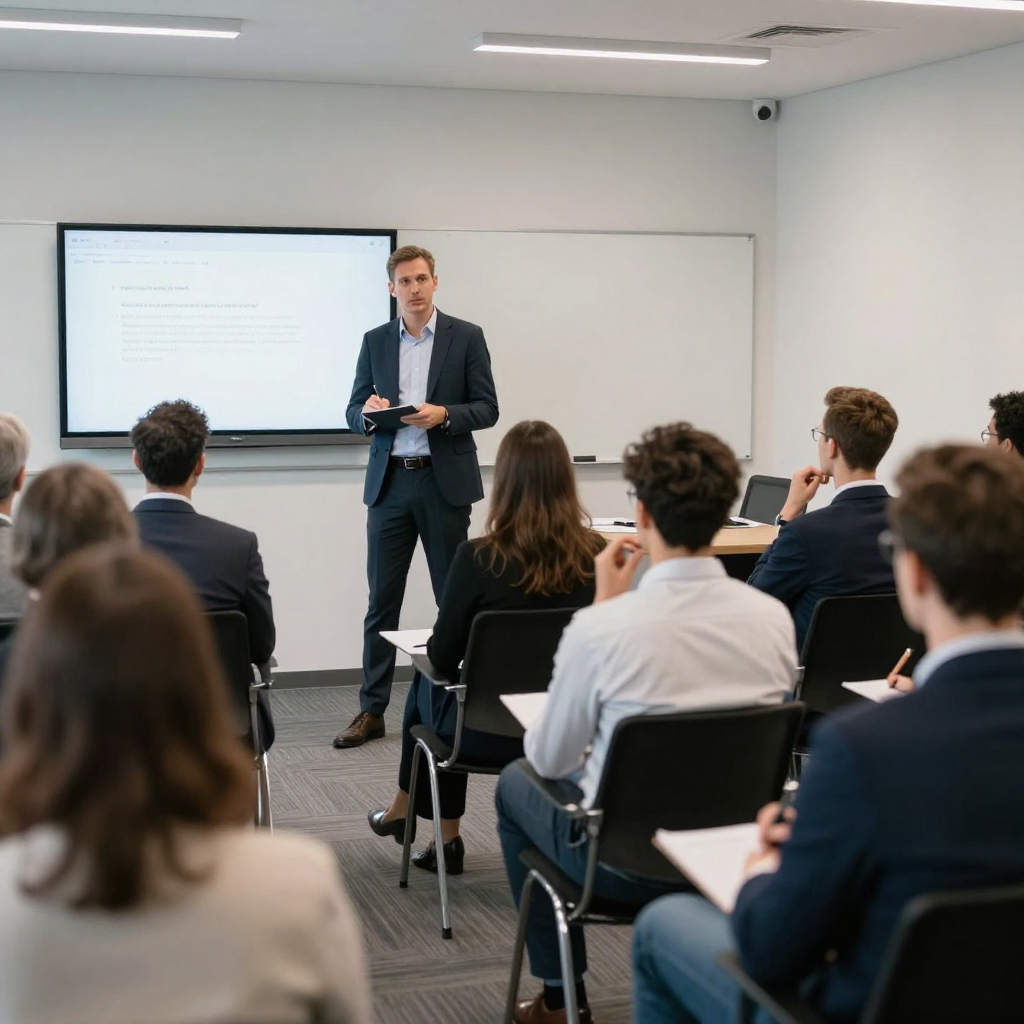 Seminar invitation with speaker at podium and professional audience in clean design