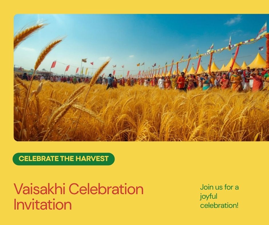 Vibrant Vaisakhi invitation with Khanda symbol, wheat sheaves, and Punjabi festival colors