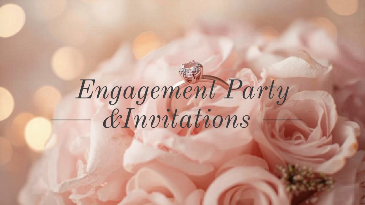 Romantic engagement party invitation with rose gold ring and floral design