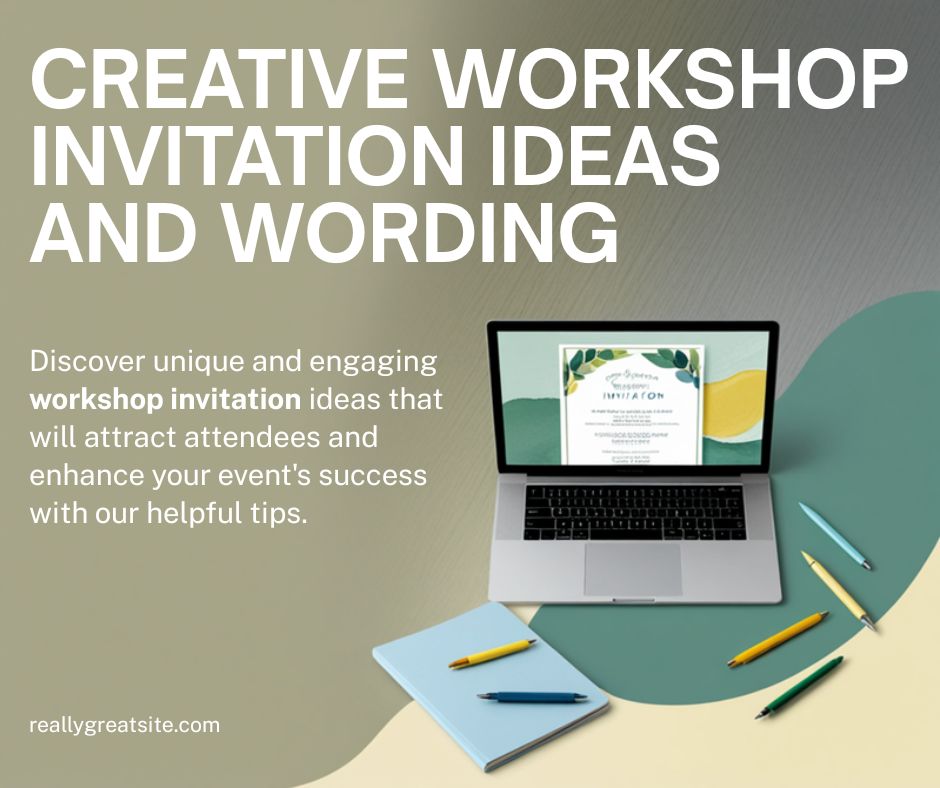 Creative workshop invitation with craft materials illustration and bold colorful typography