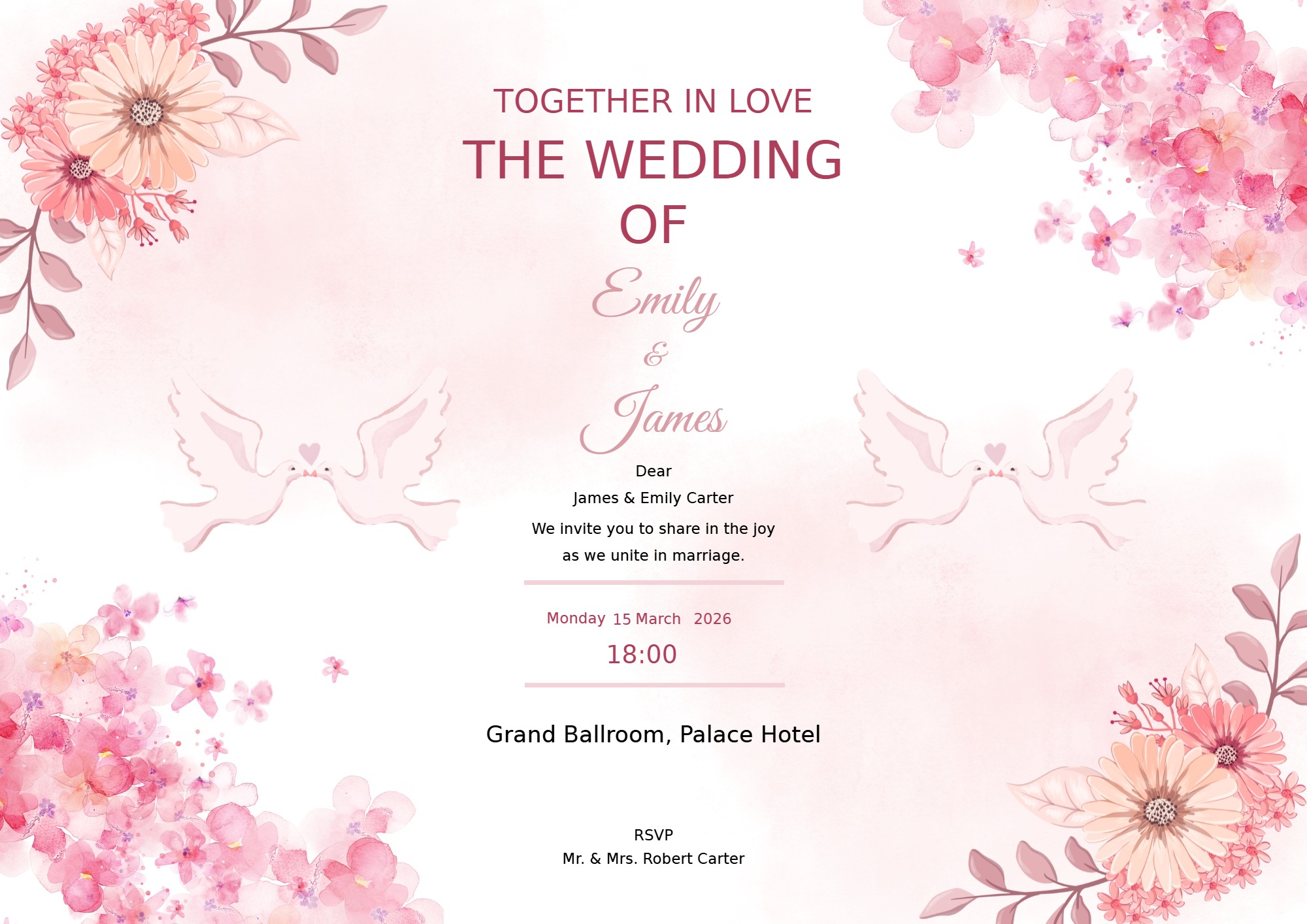 Pink and White Watercolor Wedding A4 Landscape digital invitation template, free on Feierpost