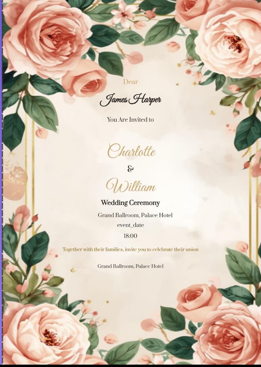 Roses & Gold Wedding Invitation digital invitation template, free on Feierpost