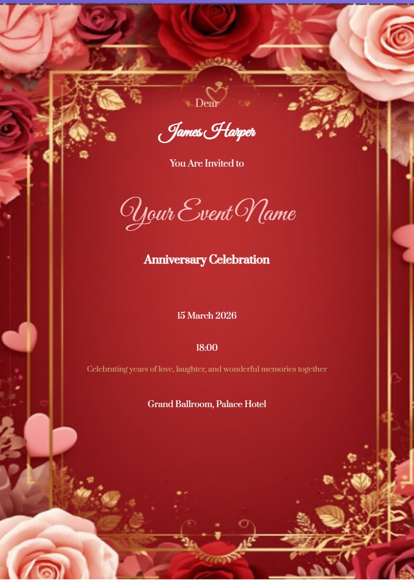 Red Roses Anniversary Invitation digital invitation template, free on Feierpost